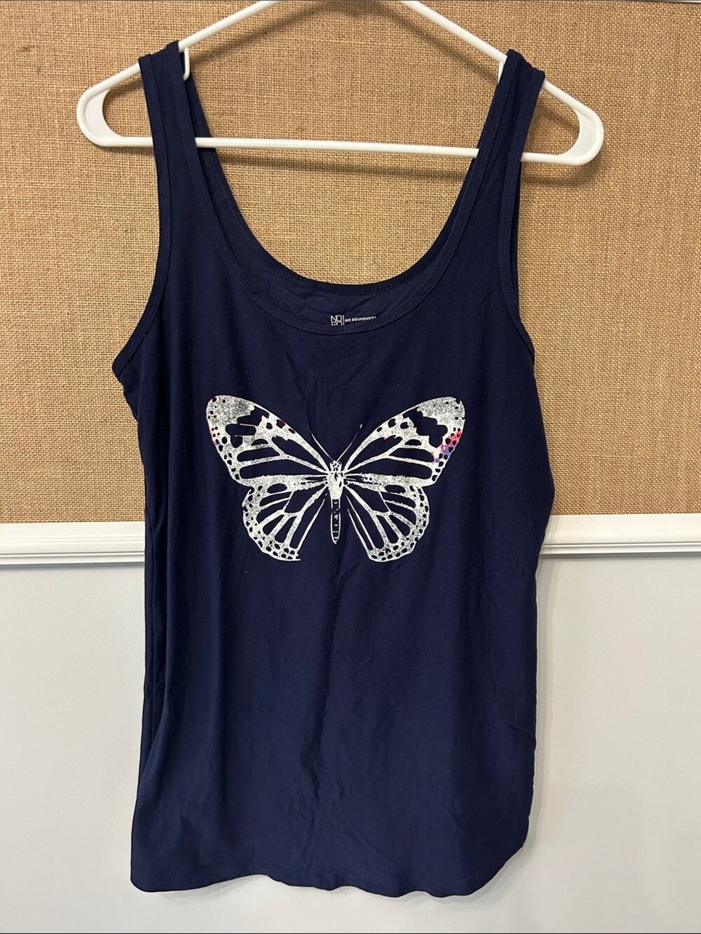 No Boundaries Navy Tank Top with White Butterfly Graphic